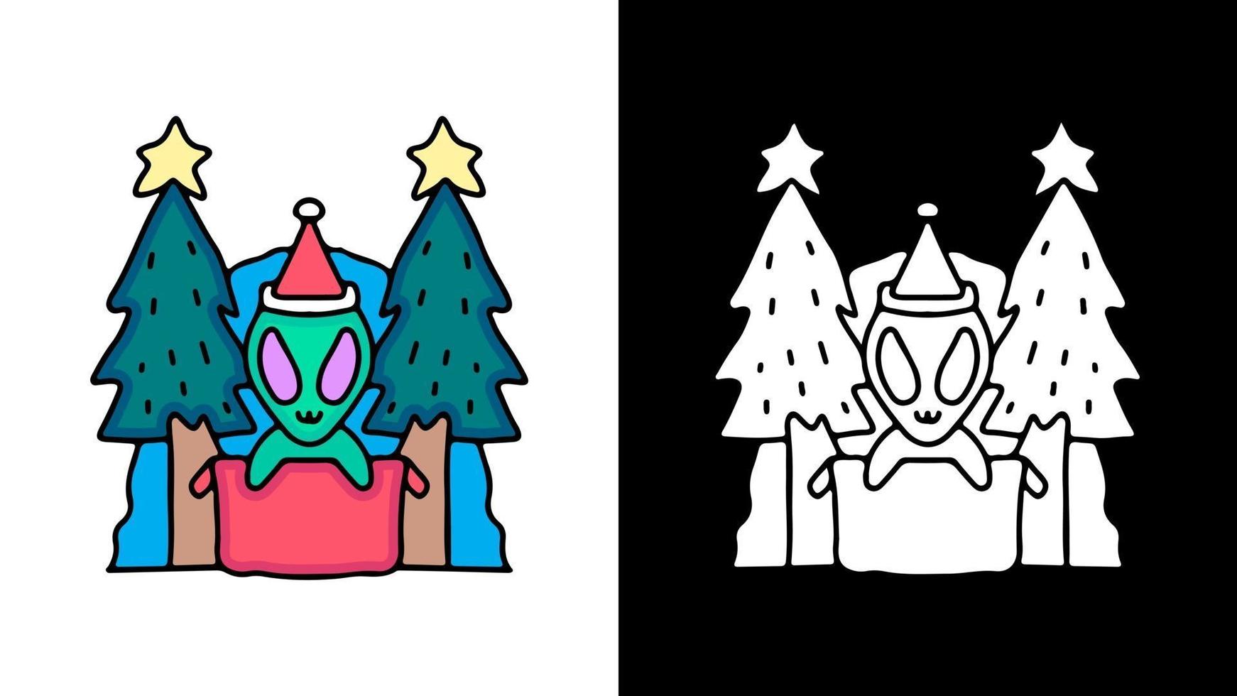 Cartoon colorful alien celebrate Christmas. for coloring book vector