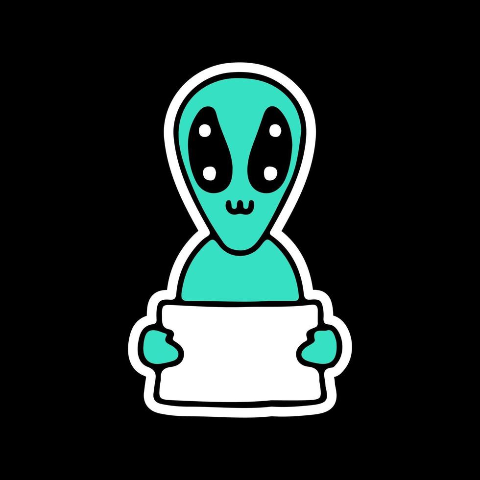 alienígena sosteniendo pancarta vacía. ilustración para camiseta, pegatina vector