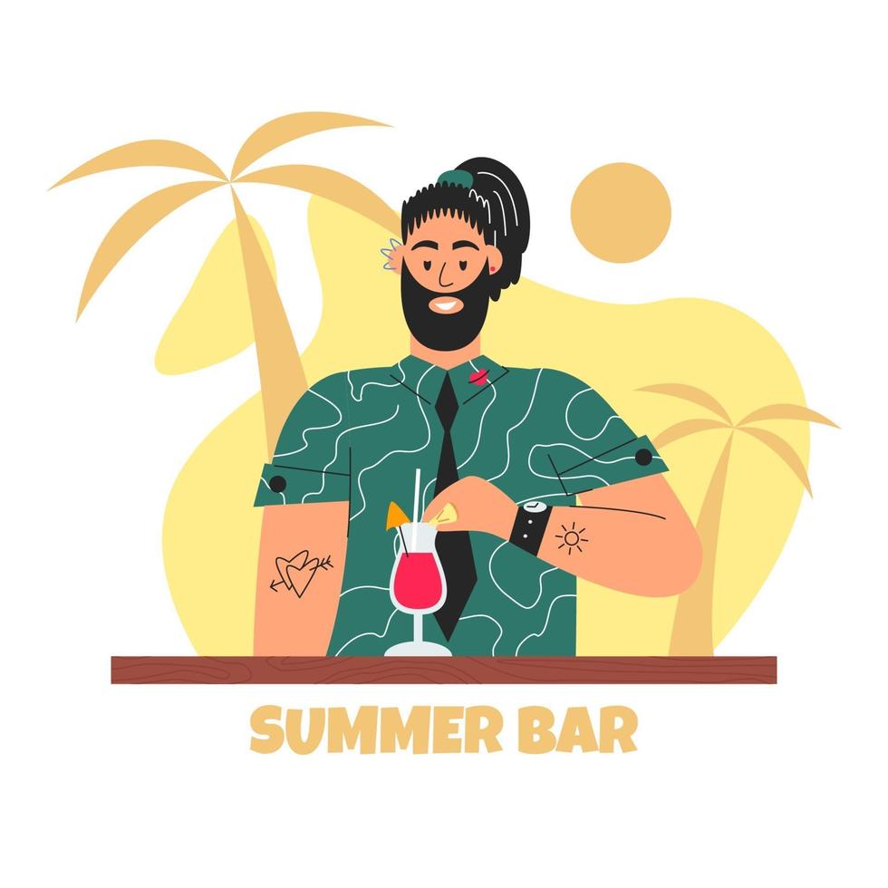 Bearded barmen, barkeeper, bartender preparing vector