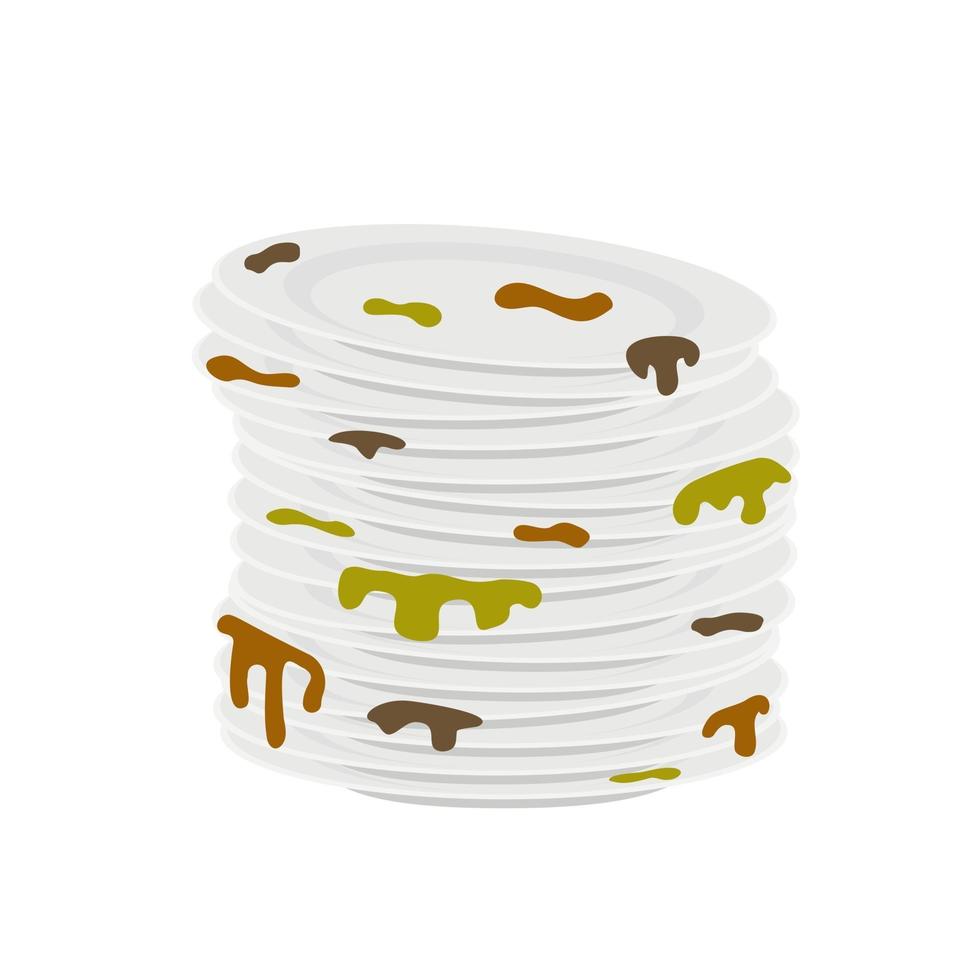 Stacks of dirty plates with scraps and leftover food vector