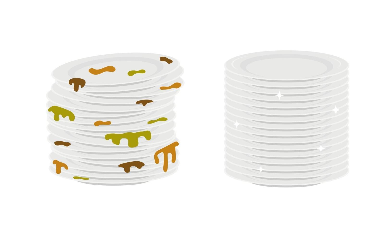 Stacks of dirty and clean plates. Dishes before and after washing vector