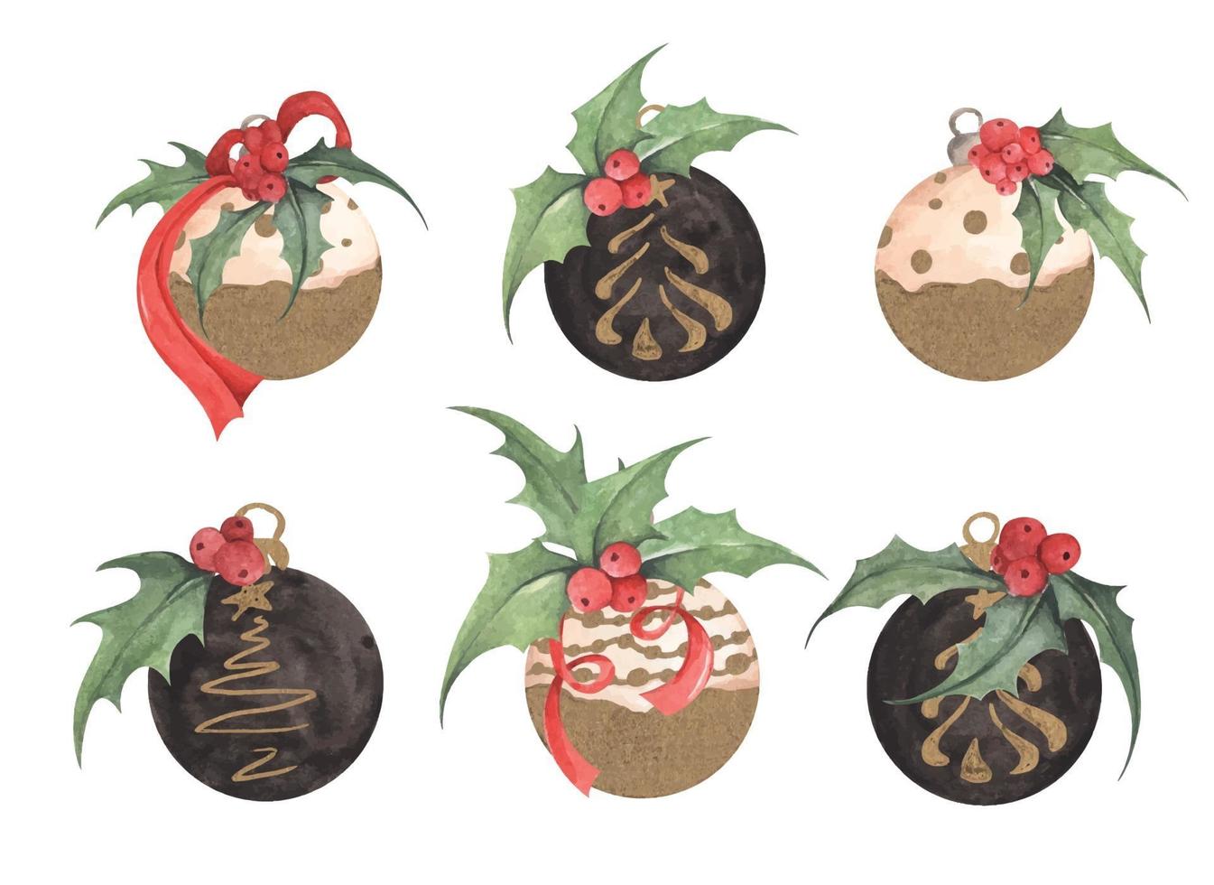 Christmas collection of balls. Watercolor illustration. vector