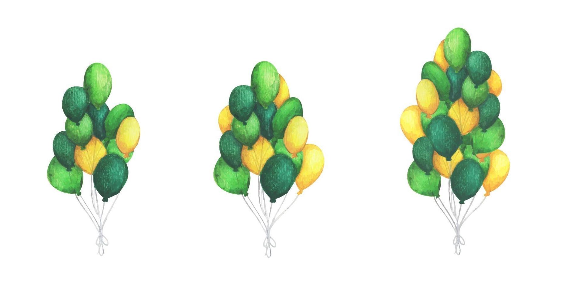 Watercolor air balloons. Pack of party green and yellow balloons. vector