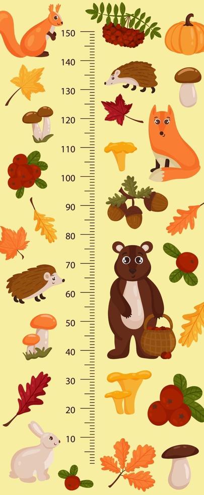 tabla de altura para niños con animales del bosque. Medidor de pared infantil para el diseño. vector