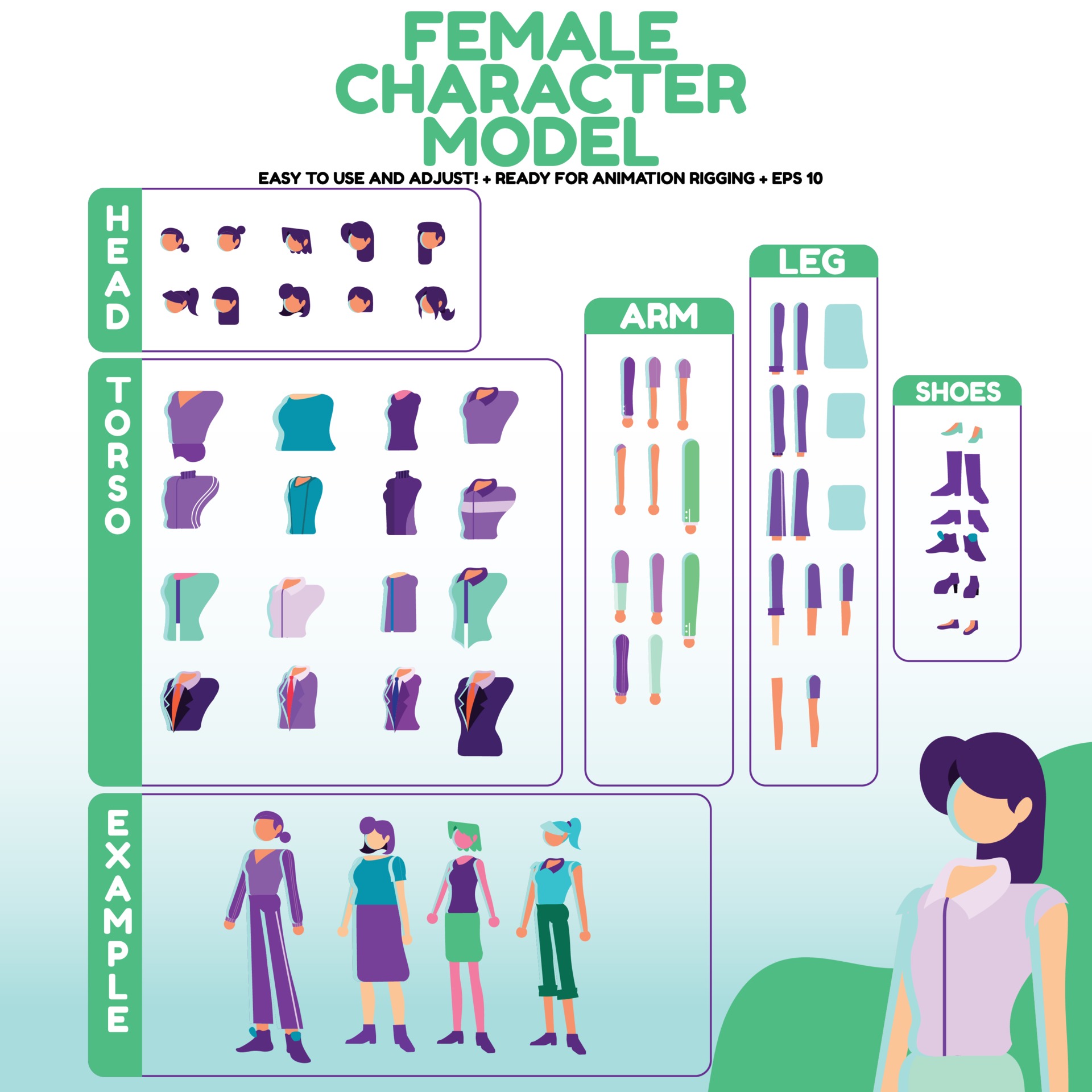modelos de personajes femeninos en el vector. listo para la animación