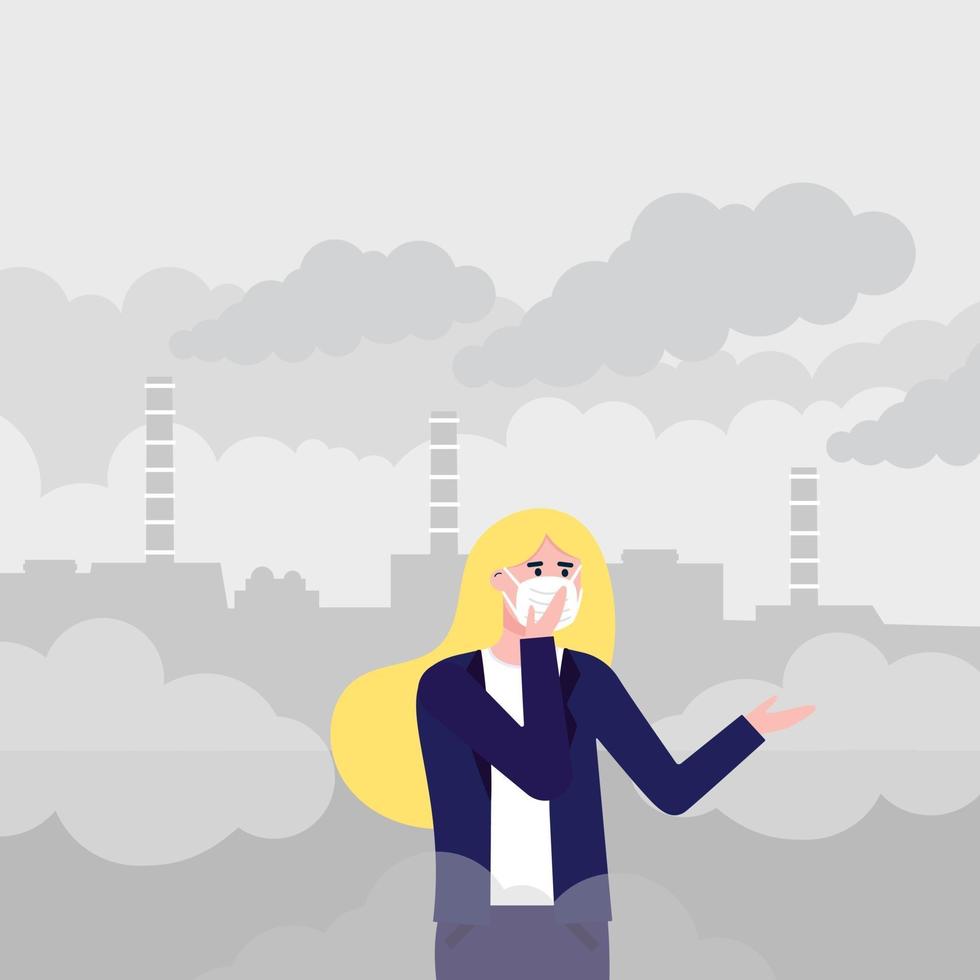 Confused woman wearing mask against smog. vector