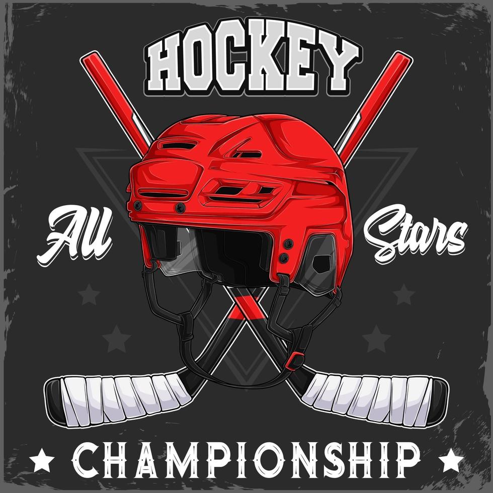 Ice Hockey helmet and crossed sticks with all stars championship text vector