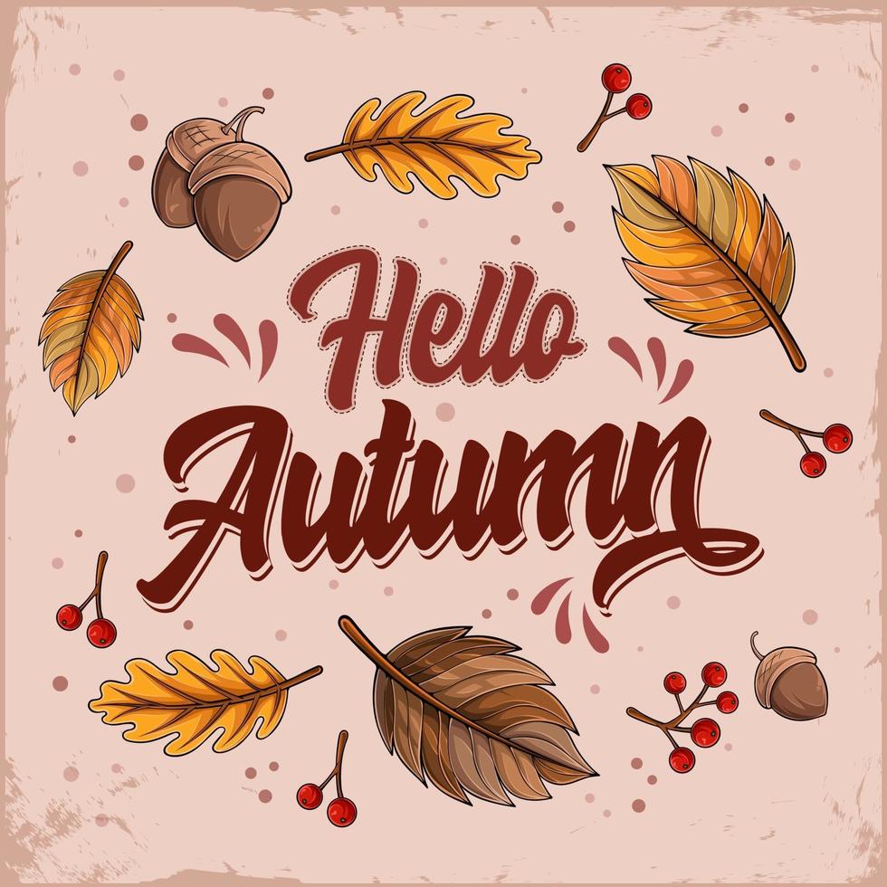 Hand drawn hello Autumn lettering with falling leaves and nuts vector