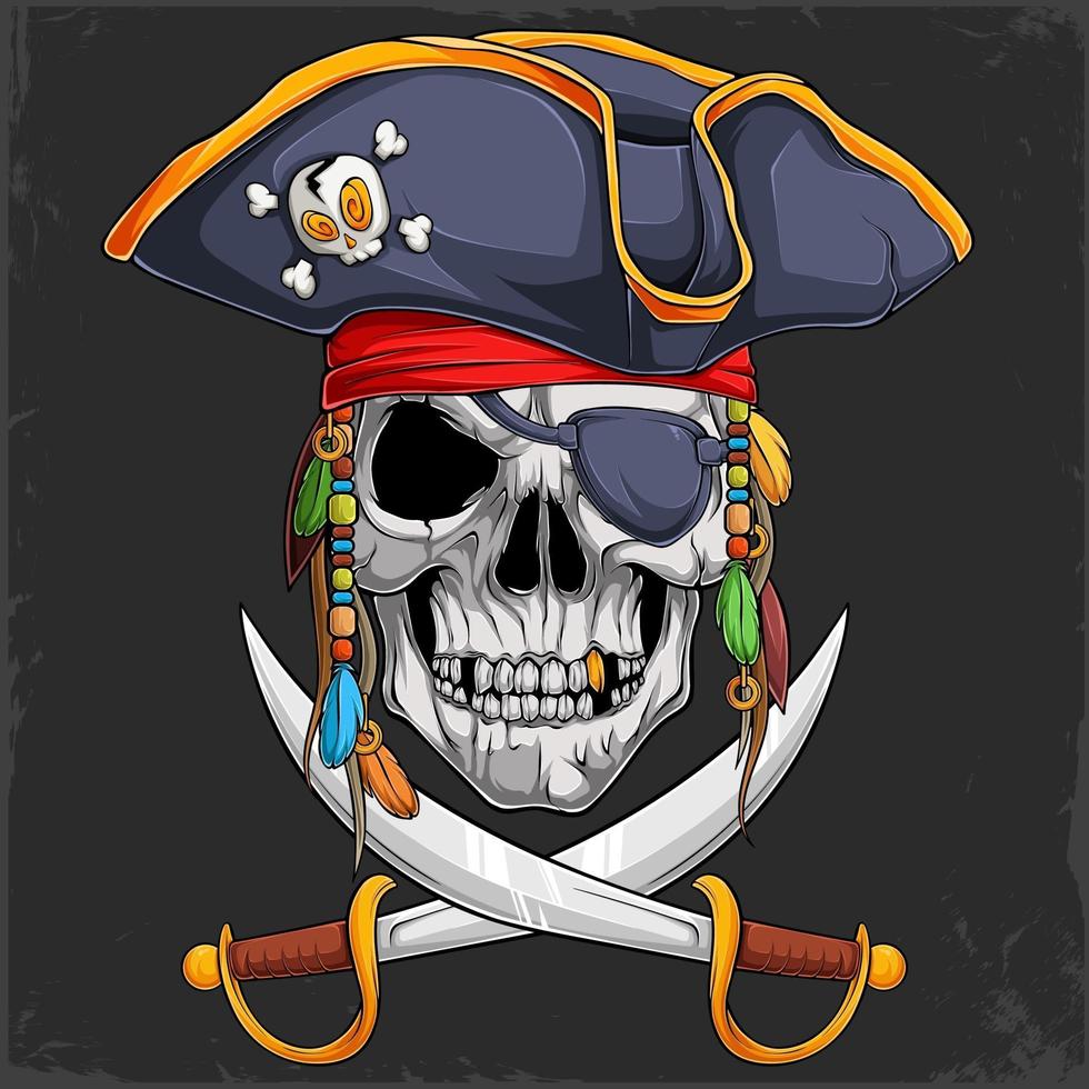 Scary human Skull head in pirate hat with two crossed swords vector