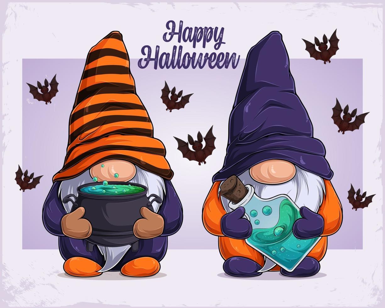 gnomos dibujados a mano disfrazados de halloween sosteniendo caldero y veneno vector