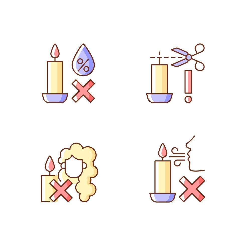 Candle safety warning RGB color manual label icons set vector