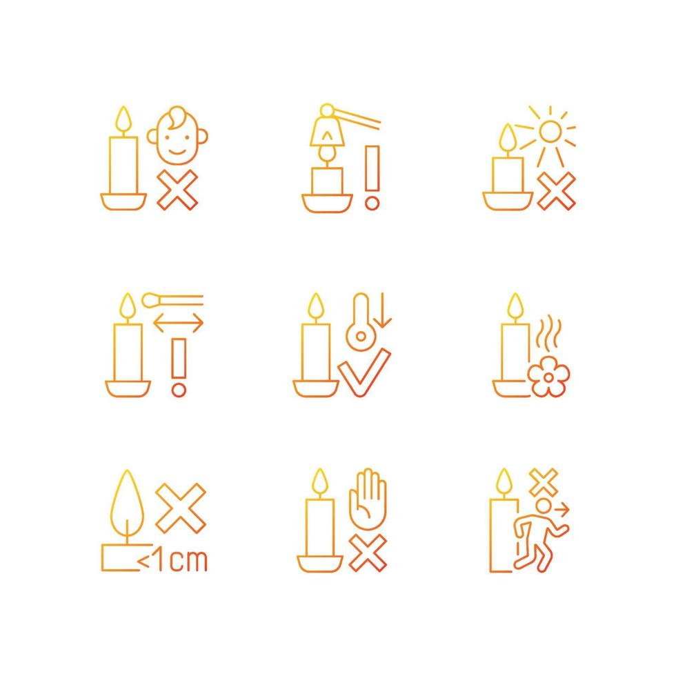 Candle safety precautions gradient linear vector label icons set