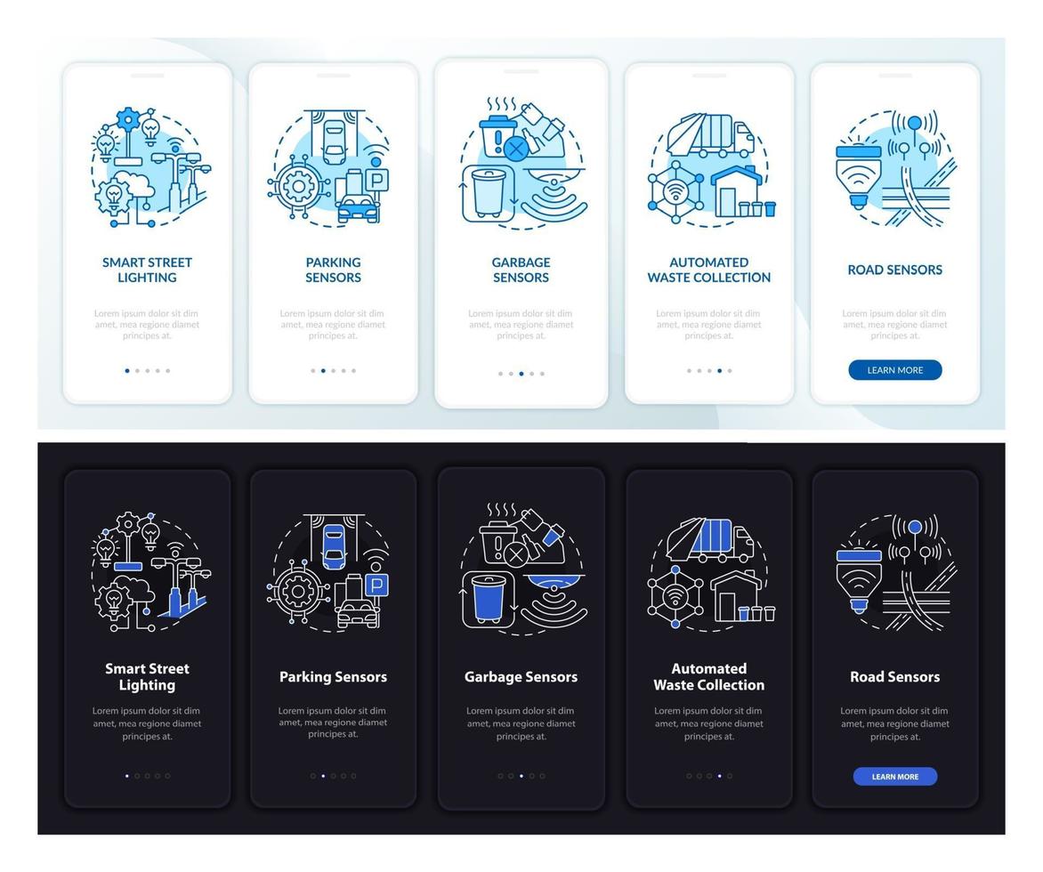 Smart city infrastructure day, night onboarding mobile app page screen vector