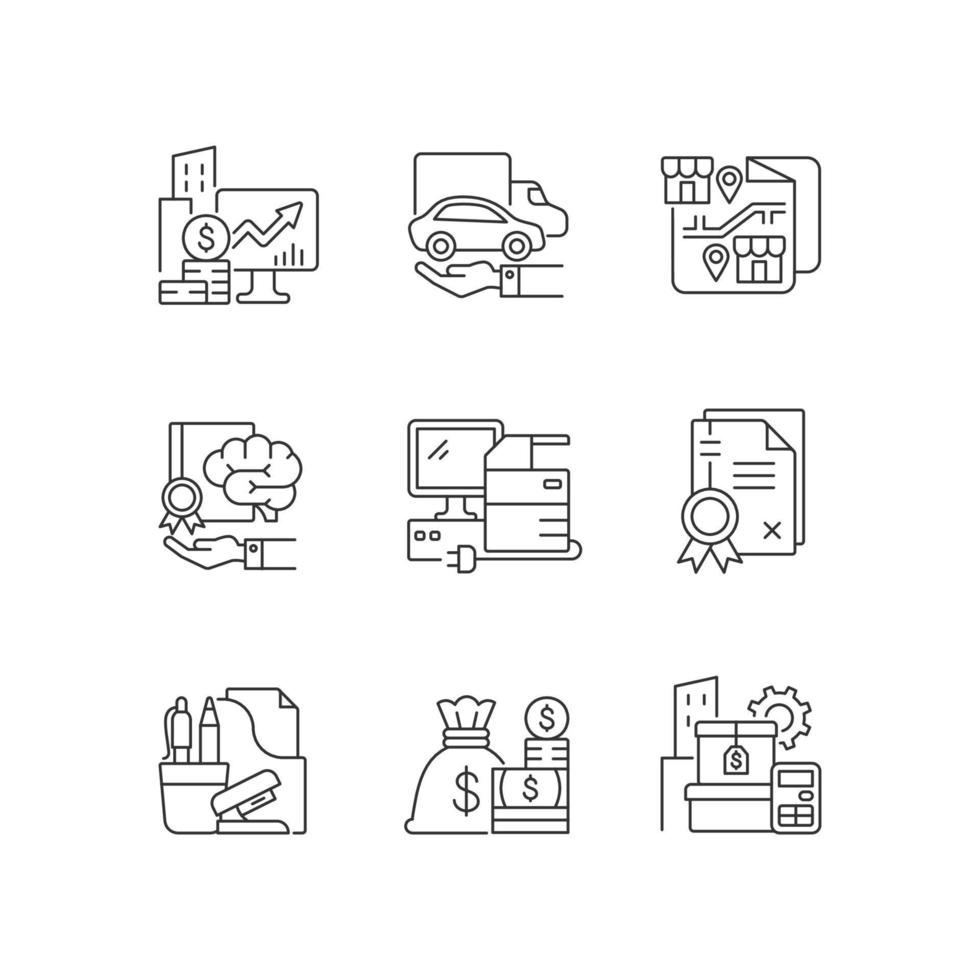Office supplies and technical equipment linear icons set vector