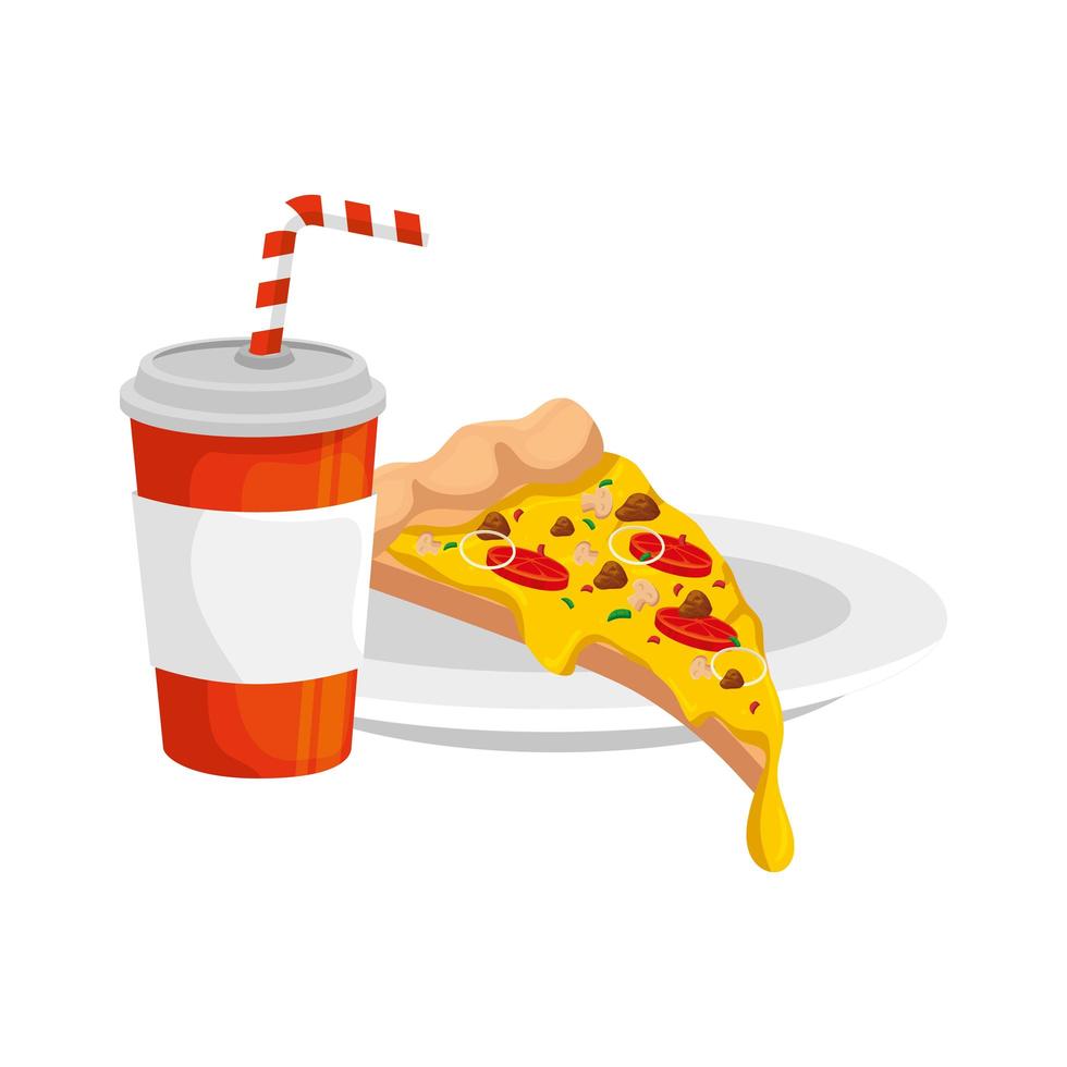 Deliciosa pizza italiana con icono de bebida de comida rápida vector