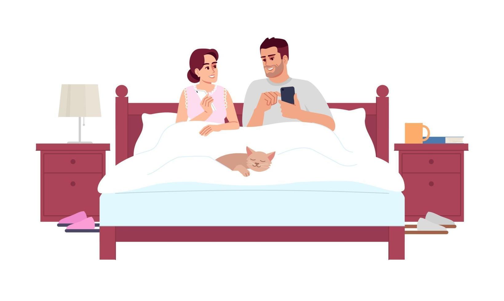 Couple in bed using smartphone semi flat RGB color vector illustration