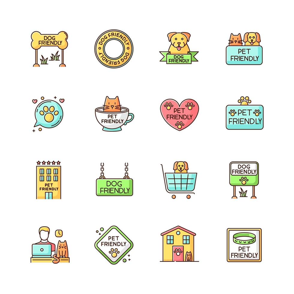 Pet friendly signs, logotypes RGB color icons set vector