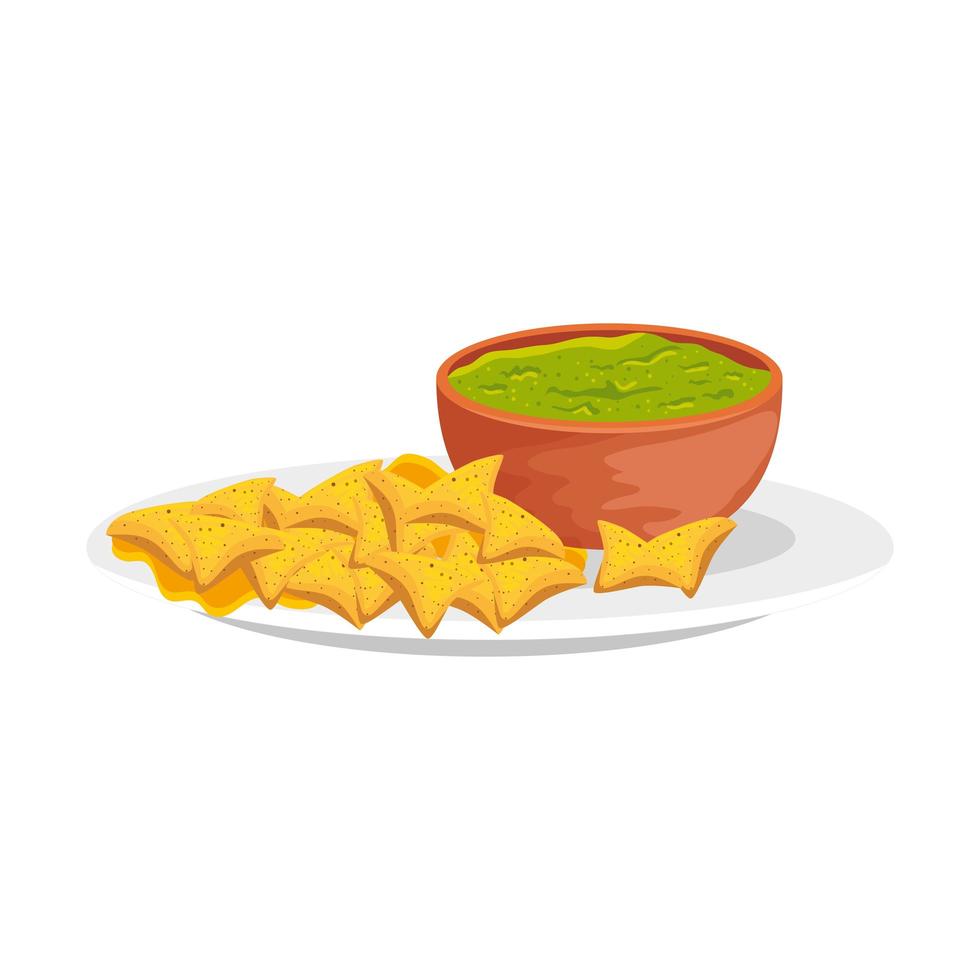 bowl with delicious guacamole with nachos vector