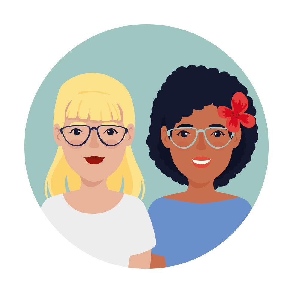 group of beautiful women in frame circular avatar character icon vector