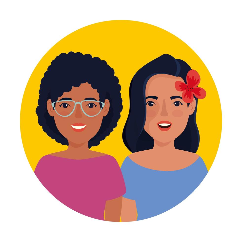 grupo de mujeres hermosas en el marco del icono de personaje de avatar circular vector