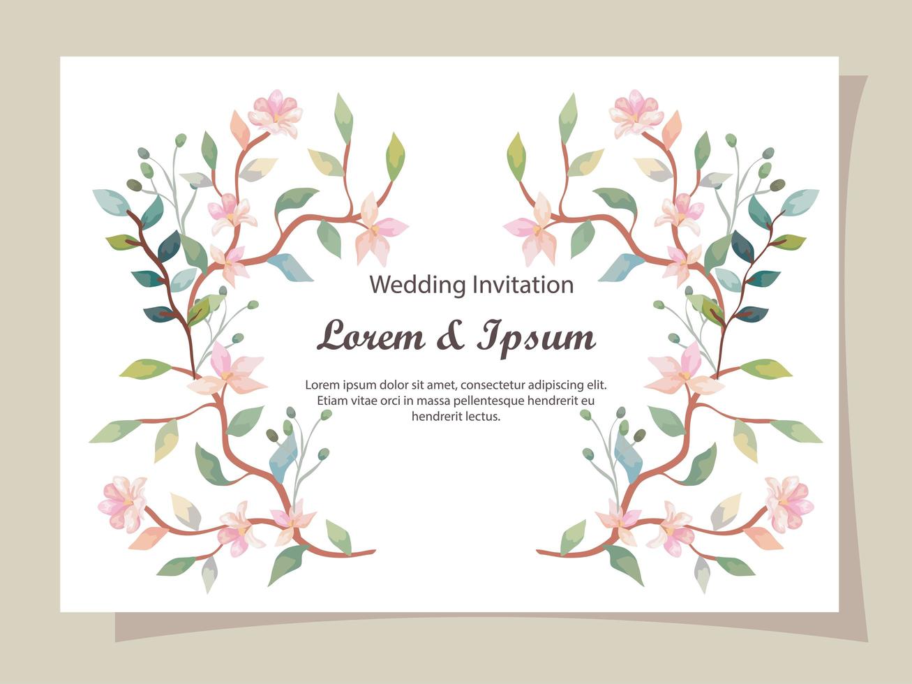 Tarjeta de invitación de boda con decoración de ramas y flores. vector