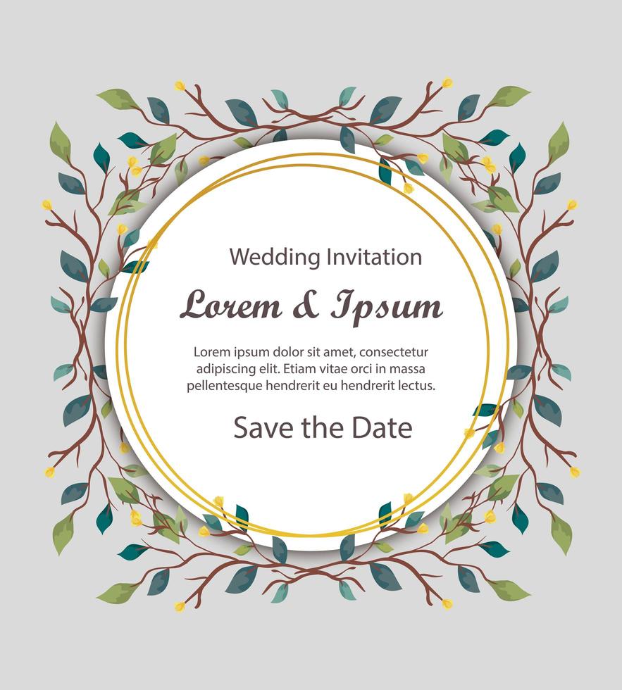 Tarjeta de invitación de boda circular con ramas y hojas. vector