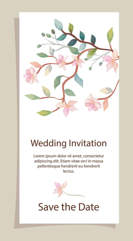 wedding invitation card with branches and flowers decoration vector