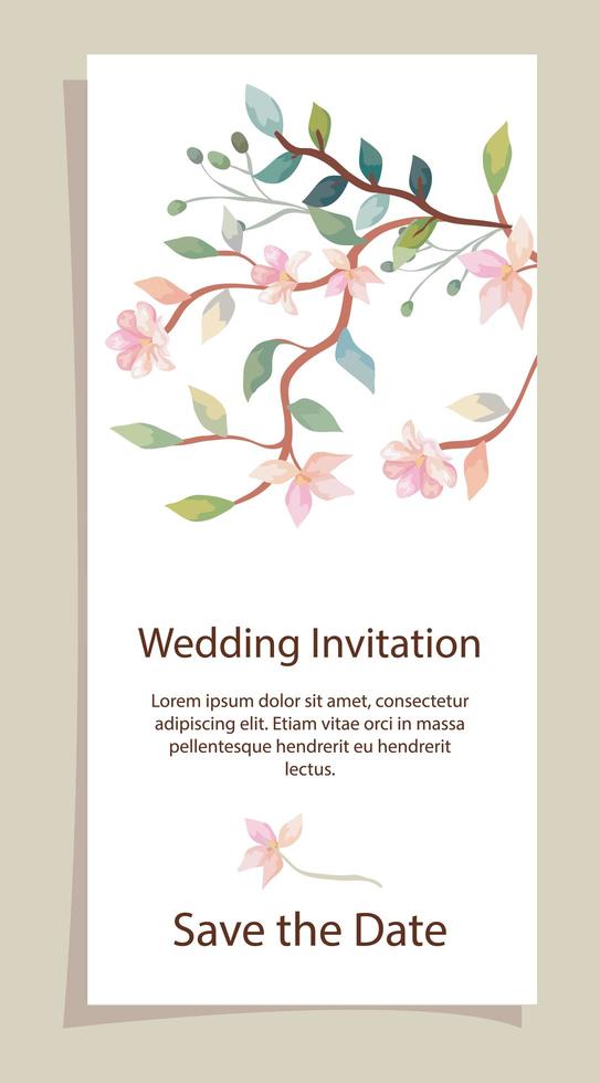 Tarjeta de invitación de boda con decoración de ramas y flores. vector