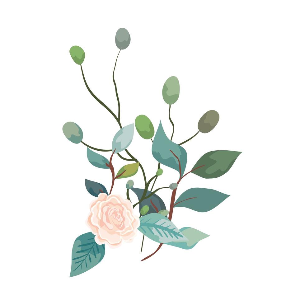 Linda rosa con ramas y hojas icono aislado vector