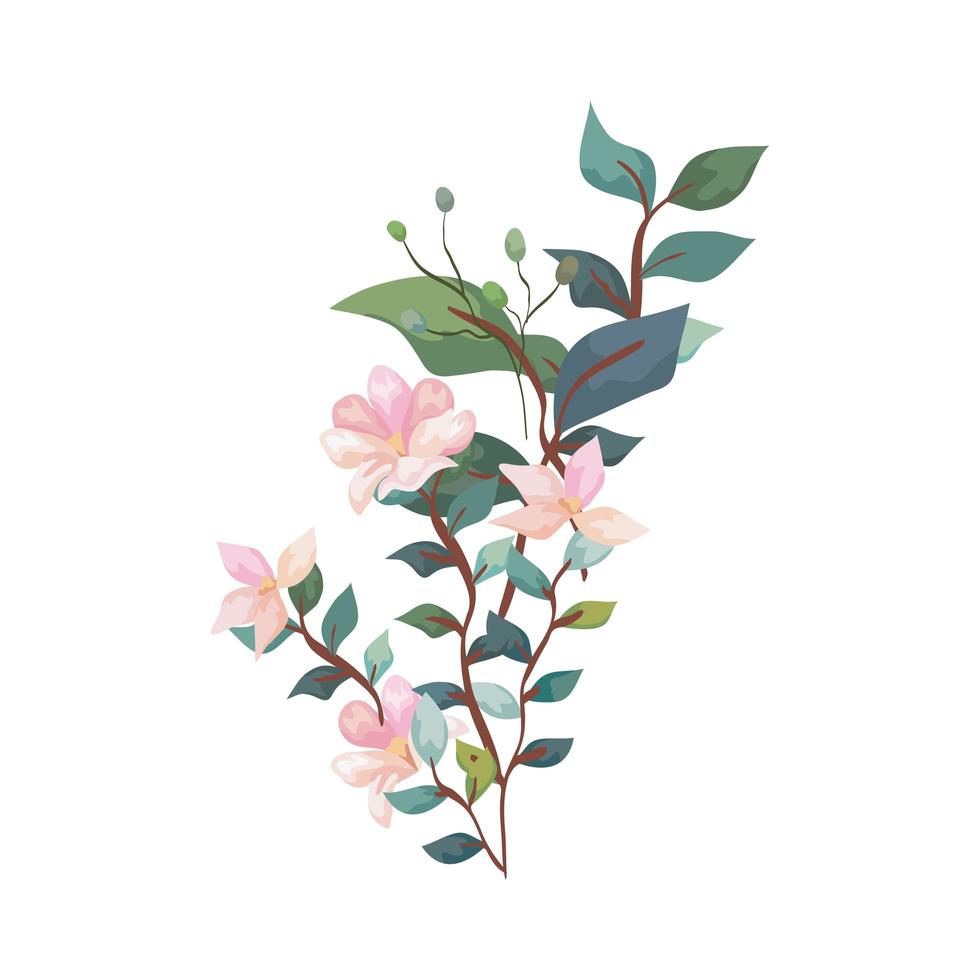 cute flowers with branches and leafs isolated icon vector