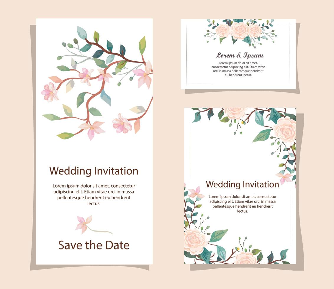 set of wedding invitation cards with flowers decoration vector