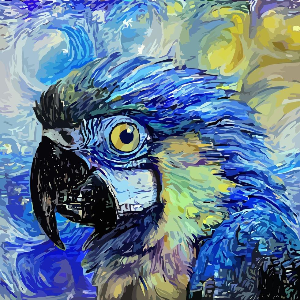 Starry Night Cute Parrot Impressionist Portrait Painting vector