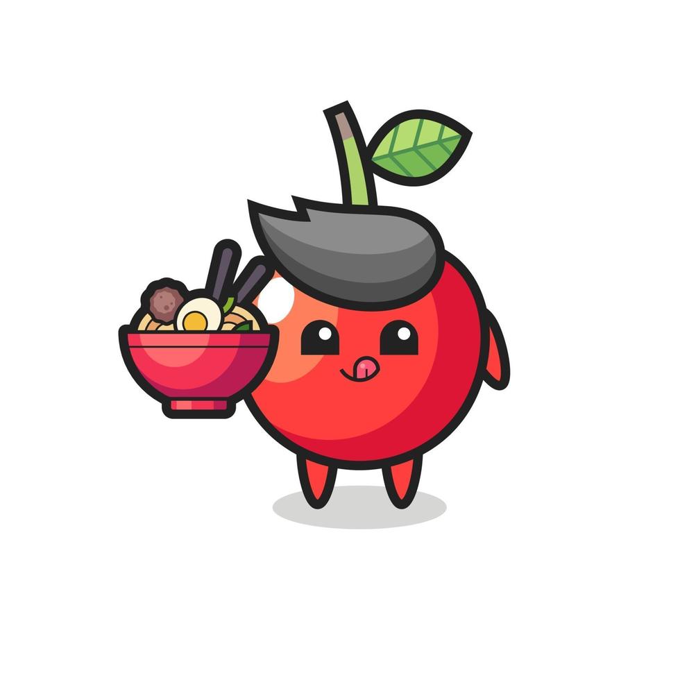 lindo personaje de cereza comiendo fideos vector