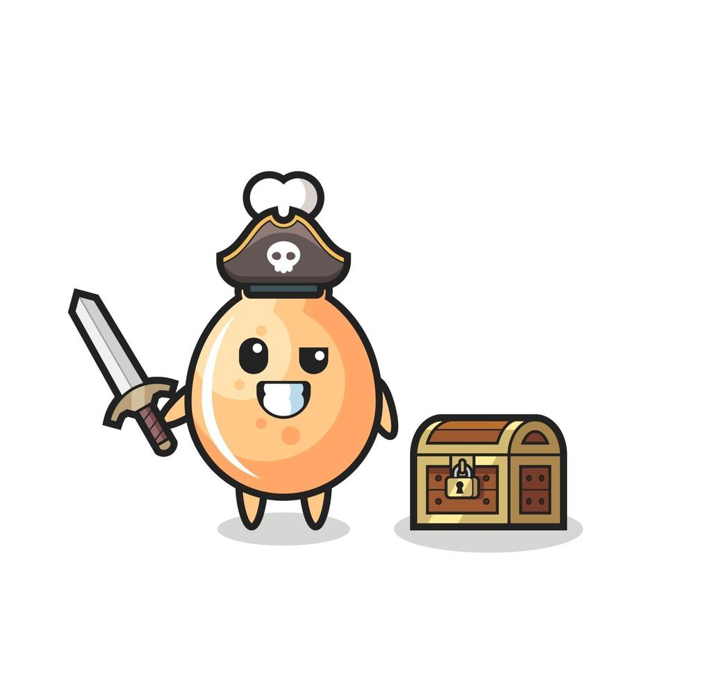 the fried chicken pirate character holding sword beside a treasure box vector