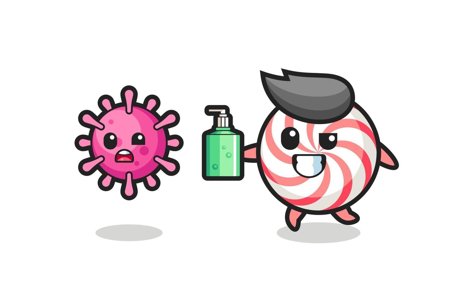 Ilustración de personaje de caramelo persiguiendo virus maligno con desinfectante de manos vector