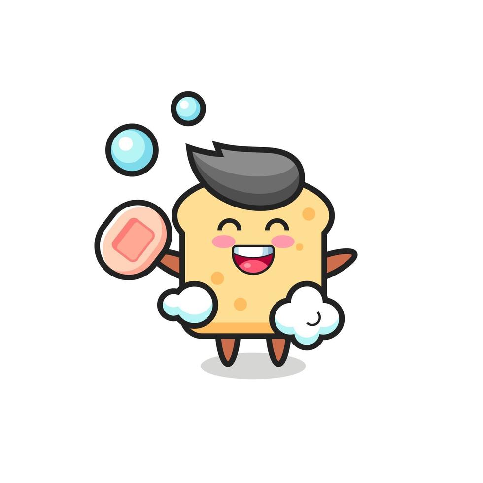 El personaje de pan se está bañando mientras sostiene el jabón. vector