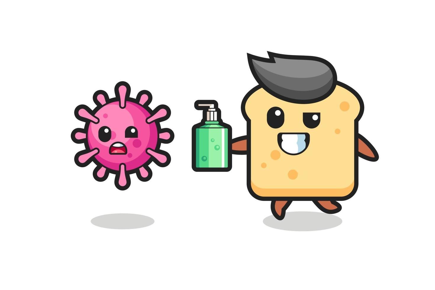 illustration of bread character chasing evil virus with hand sanitizer vector