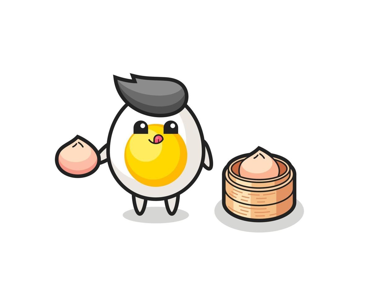 cute boiled egg character eating steamed buns vector