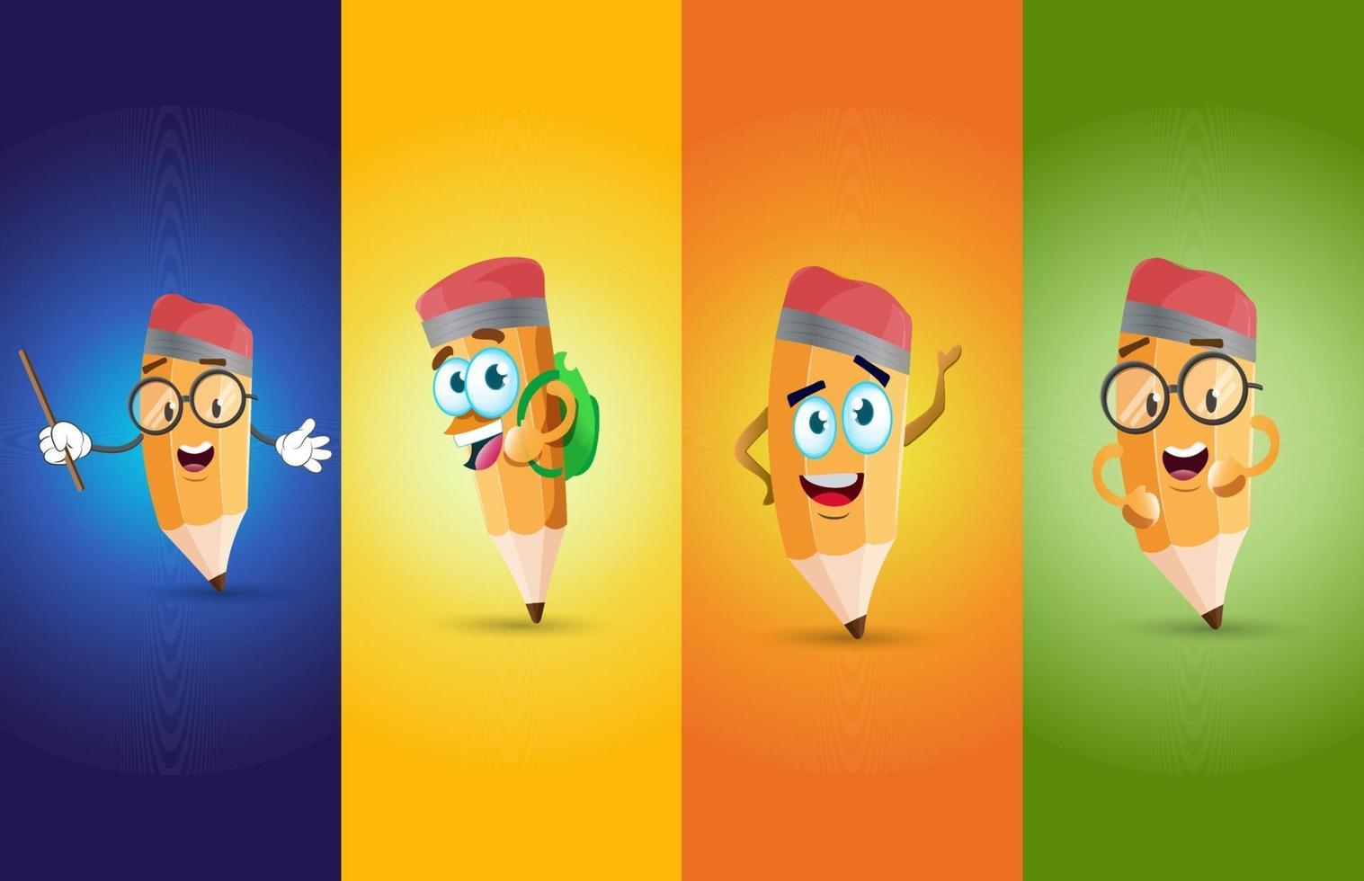 Cartoon pencil mascot with different poses character design vector