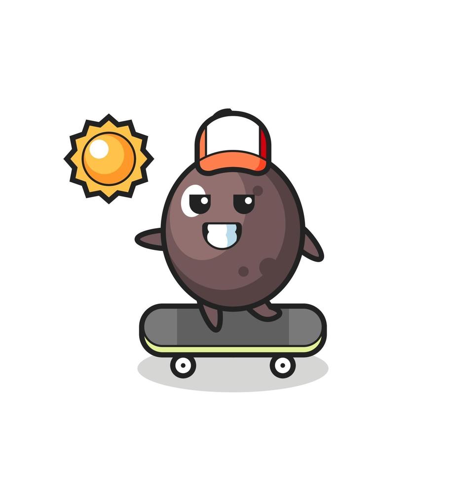 ilustración de personaje de aceituna negra montar en patineta vector