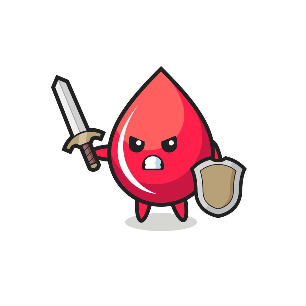 cute blood drop soldier fighting with sword and shield vector