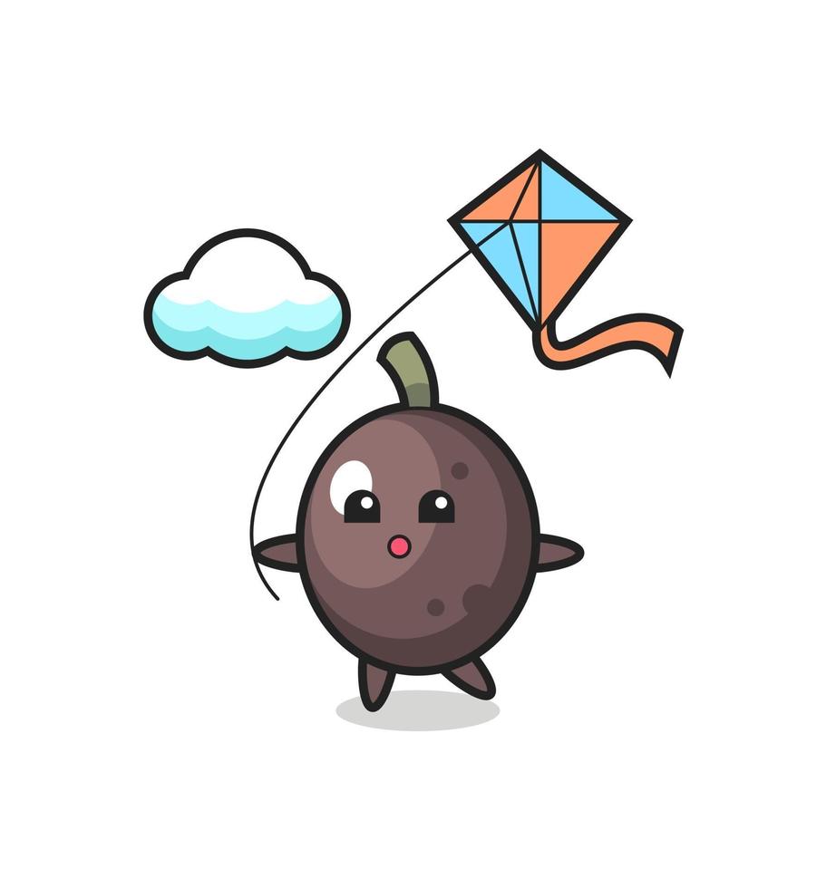 black olive mascot illustration is playing kite vector