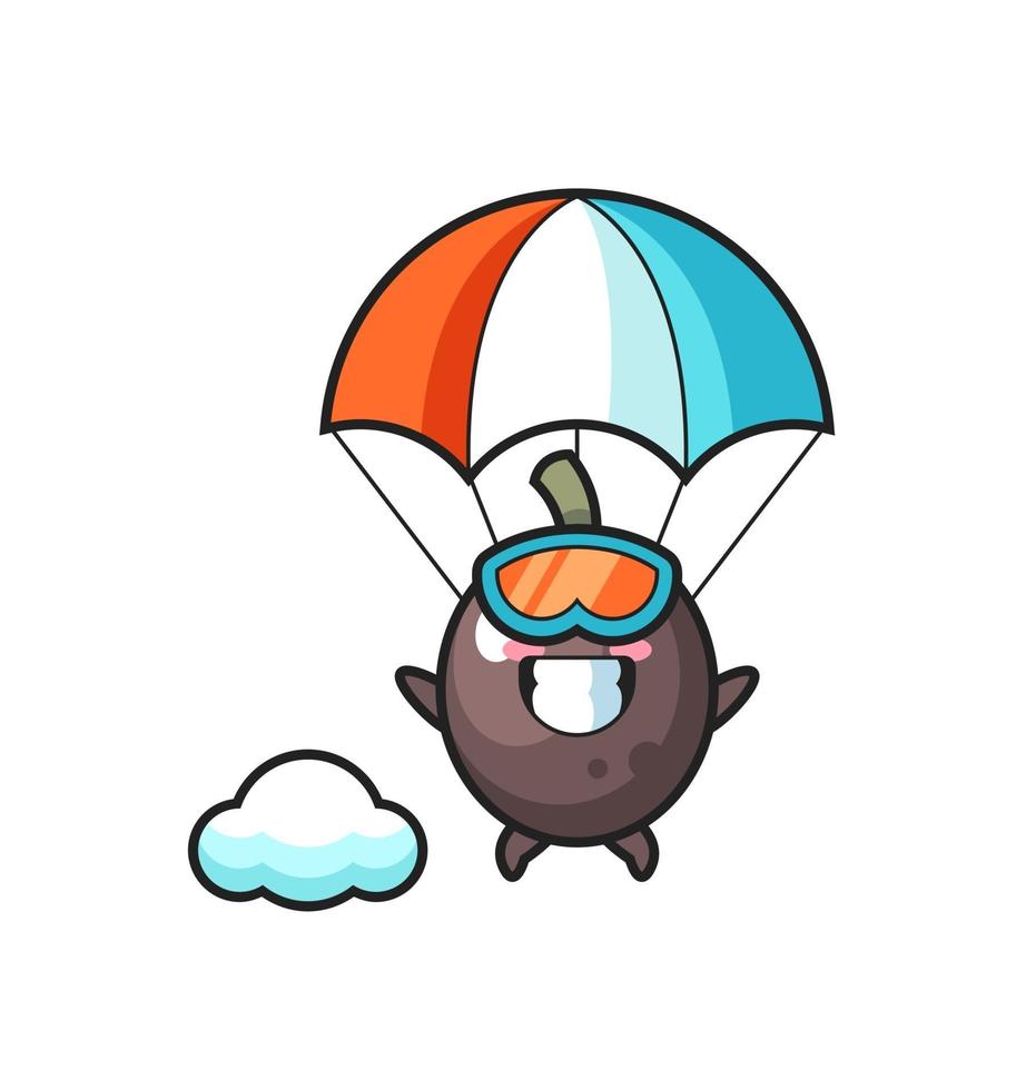 black olive mascot cartoon is skydiving with happy gesture vector