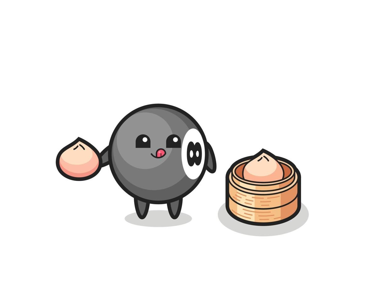 cute 8 ball billiard character eating steamed buns vector
