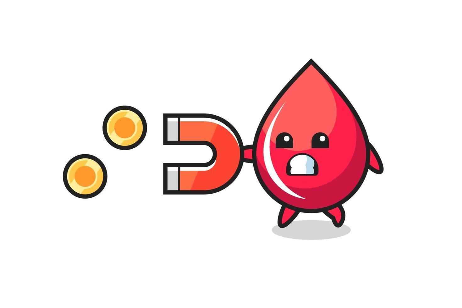 the character of blood drop hold a magnet to catch the gold coins vector