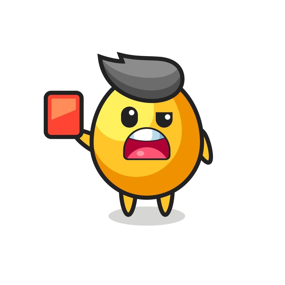 mascota linda del huevo de oro como árbitro dando una tarjeta roja vector
