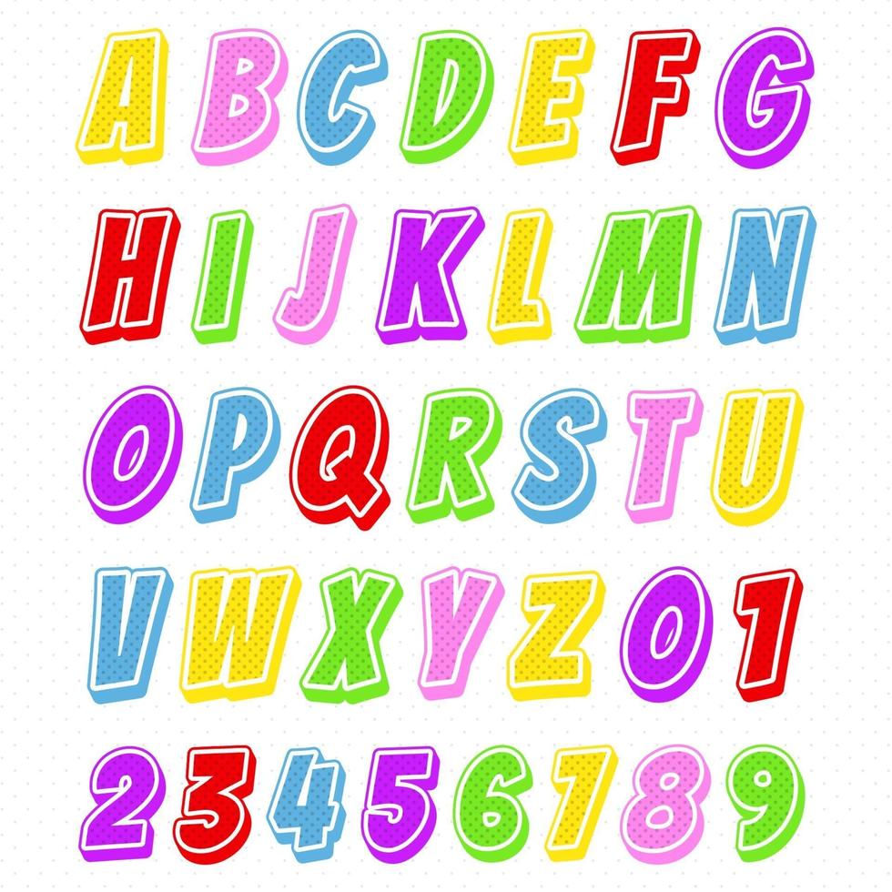 cartoon funny alphabet font with dot pattern various colors vector