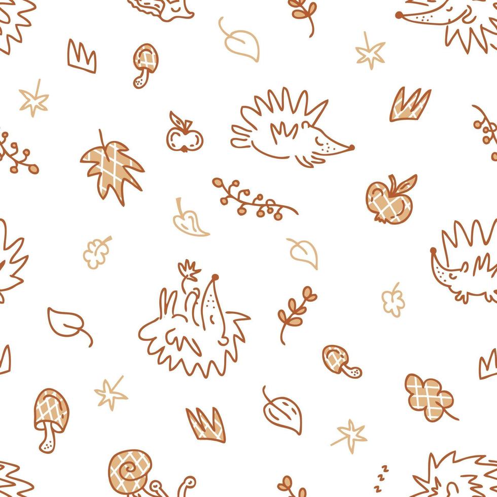 Seamless pattern of hedgehogs and elements in the autumn theme doodles vector