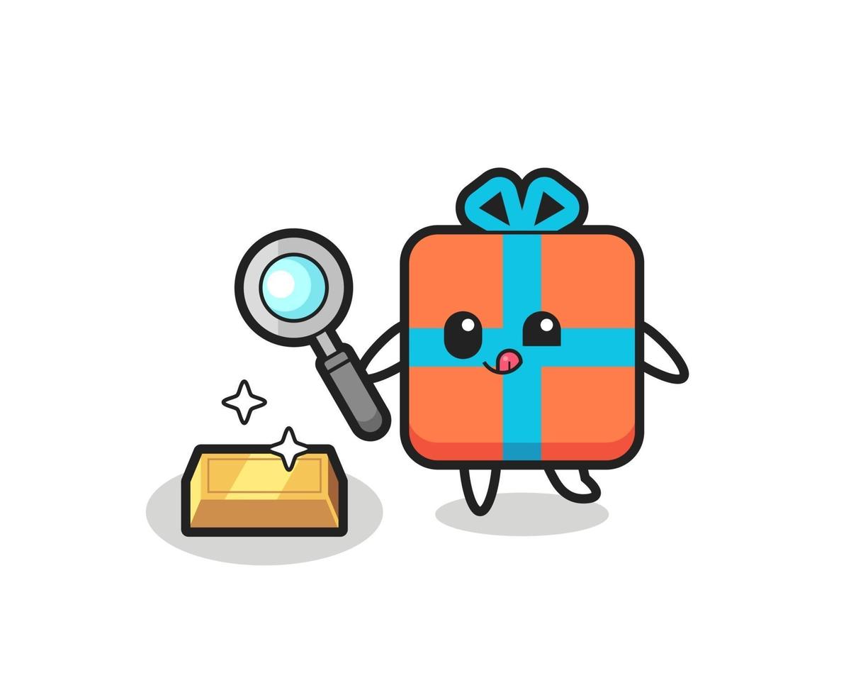 gift box character is checking the authenticity of the gold bullion vector