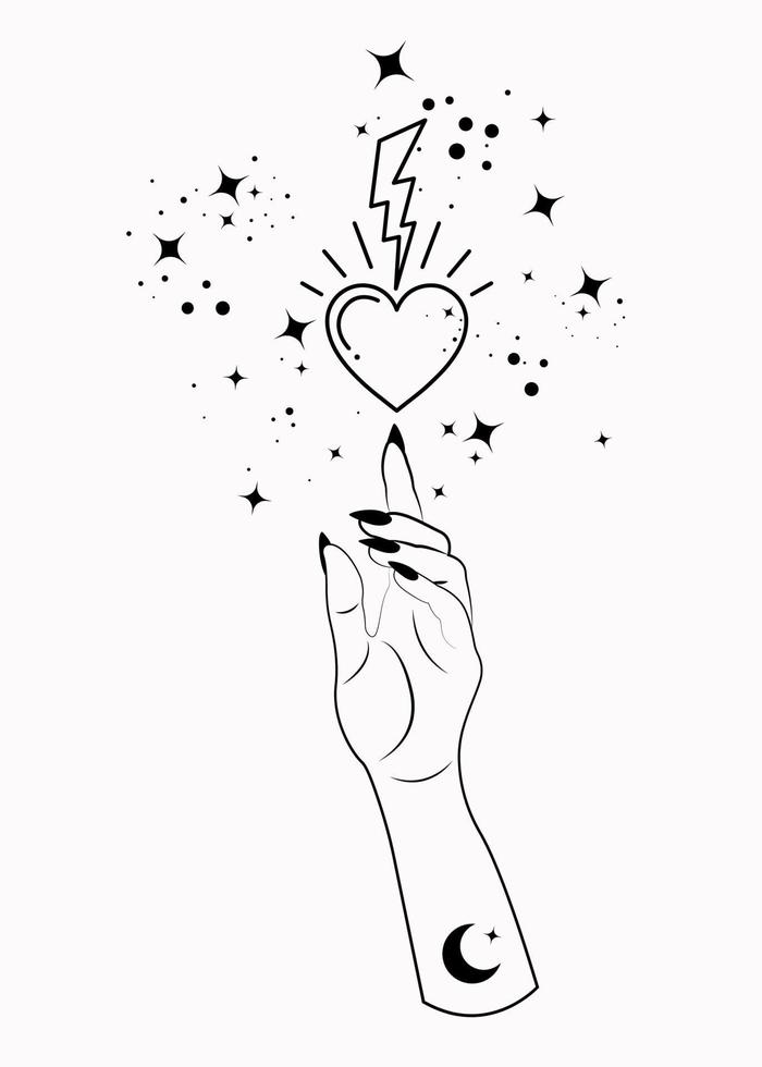 Mystical Woman Hand alchemy esoteric lightning and sacred heart symbol vector